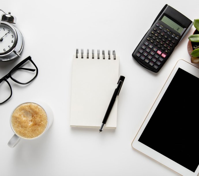 various accounting tools on a white table